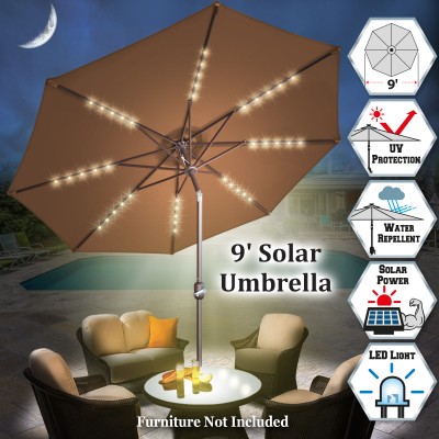 Sunrise 9' Outdoor Patio Solar Umbrella with 40 LED lights and 8 Ribs, Garden Sunshade with Crank and Tilt (Burgundy)   570467755